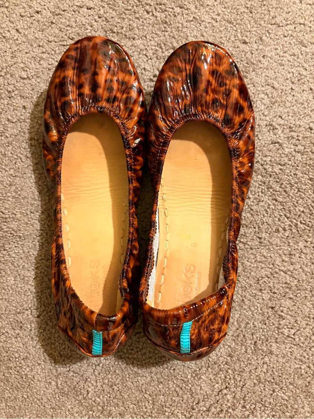 Tieks Tortoiseshell Patent Ballet Flats with Turquoise Heel Tab
